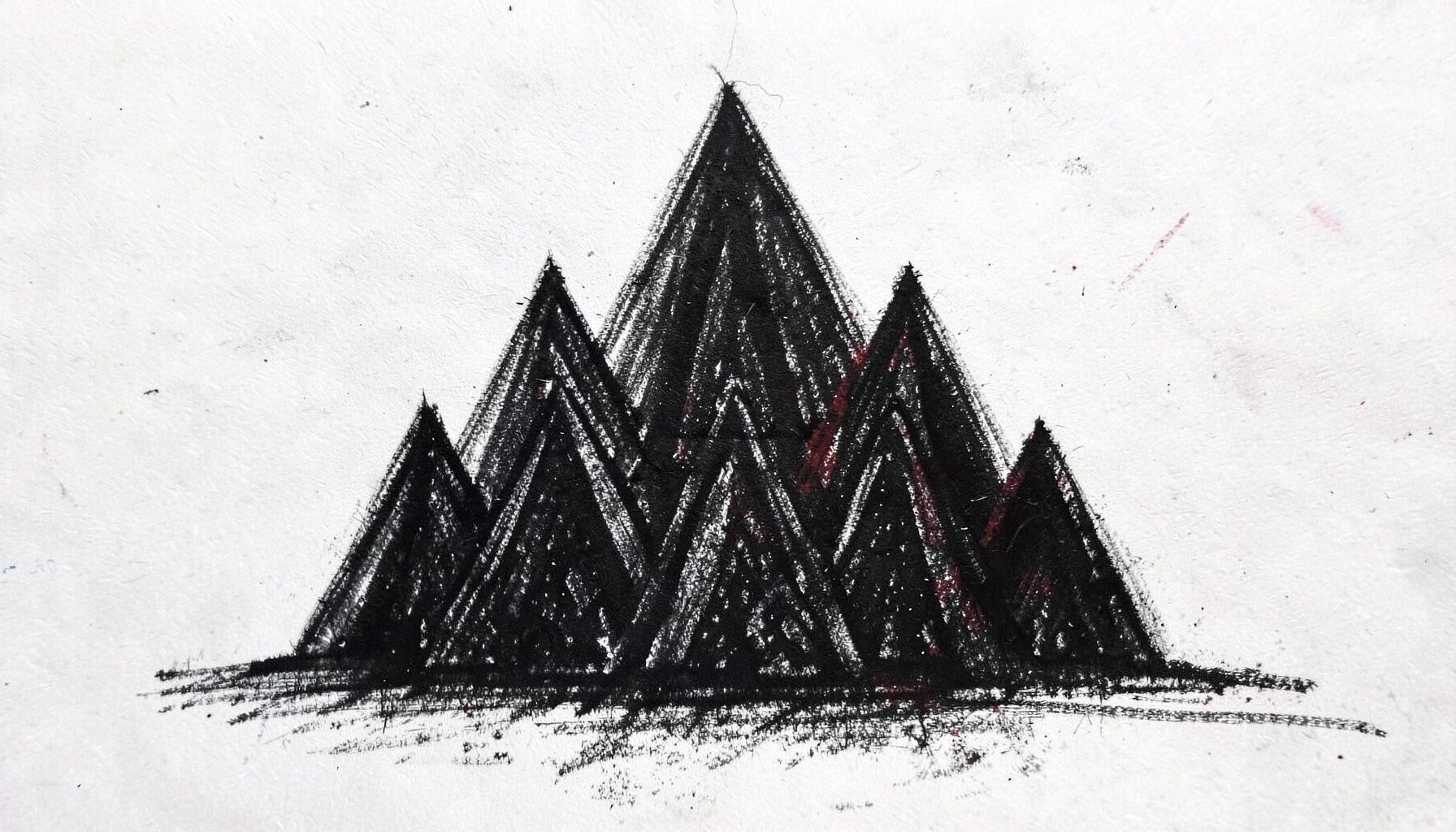 A bold charcoal drawing of the Gao Yord — nine pointed spires arranged in a pyramid formation, the sacred geometry rendered in dense black ink with subtle shading.
